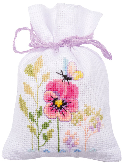 Vervaco Violets Gift Bags counted cross stitch kit showing the finished design