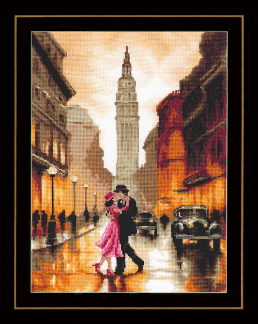 Lanarte Dancing in New York counted cross stitch kit showing the finished design