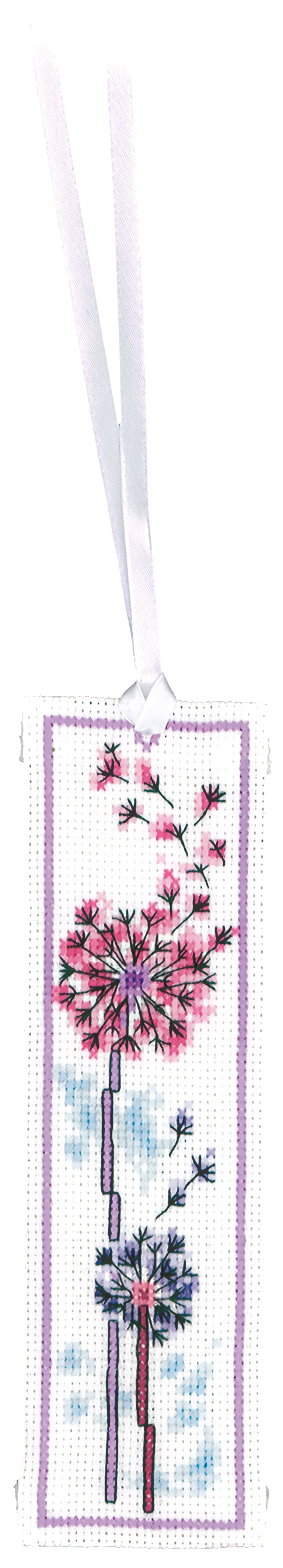 Vervaco Feather and Fluff Flower Bookmarks counted cross stitch kit showing the finished design