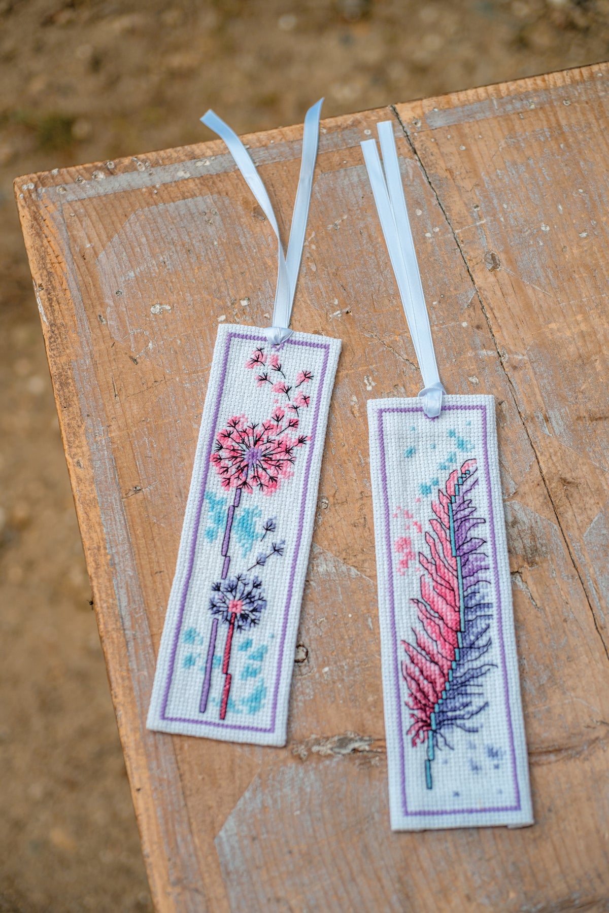 Vervaco Feather and Fluff Flower Bookmarks counted cross stitch kit showing the finished design
