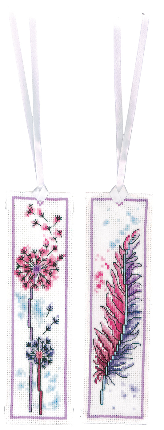 Vervaco Feather and Fluff Flower Bookmarks counted cross stitch kit showing the finished design