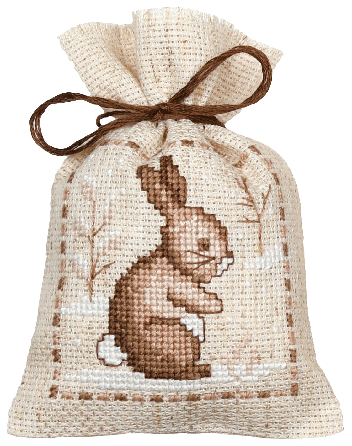 Three natural linen gift bags cross stitched with winter animals