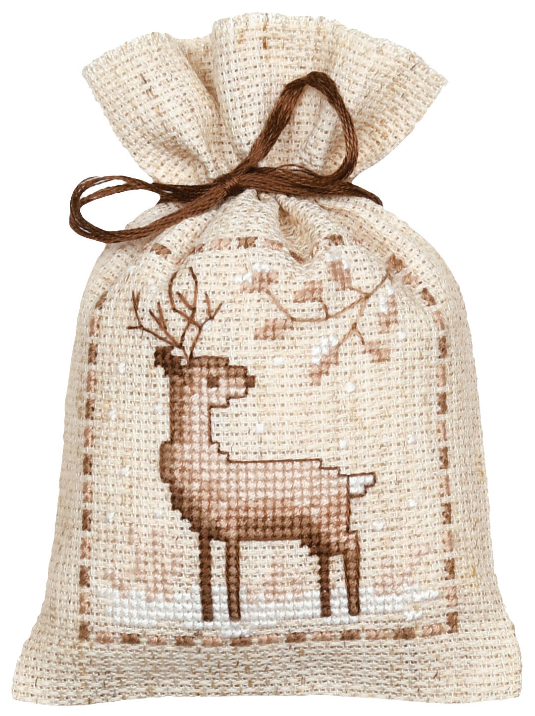 Three natural linen gift bags cross stitched with winter animals