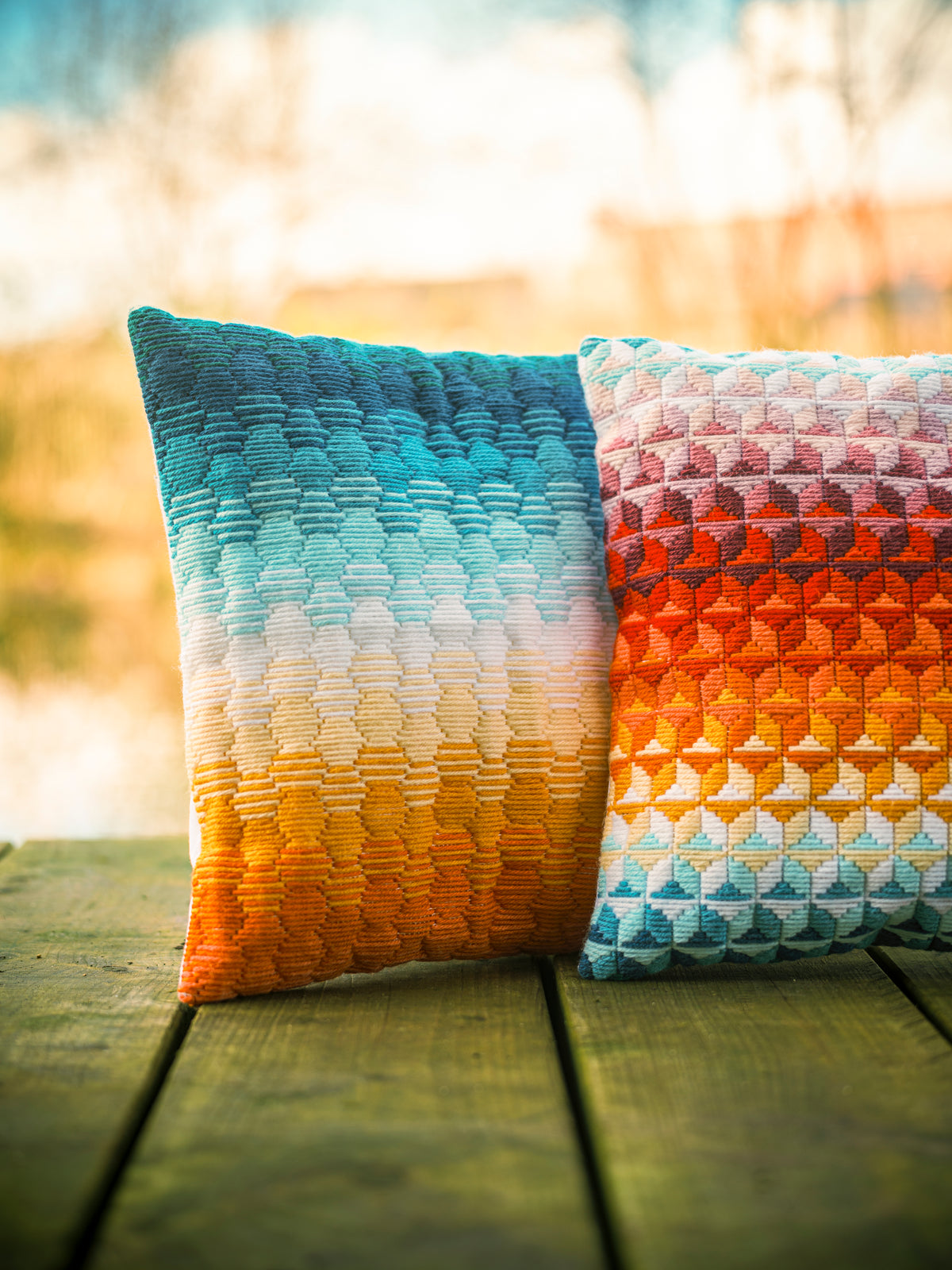 Modern geometric long stitch cushion front