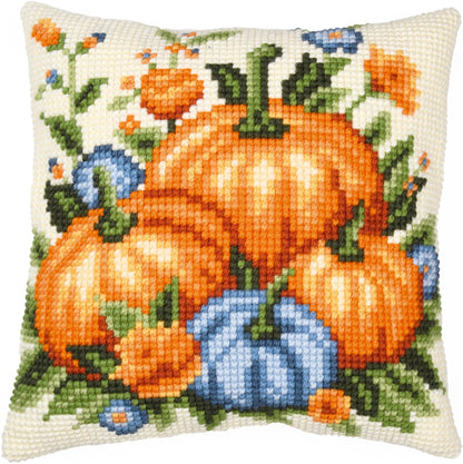 Square cushion cross stitched with orange pumpkins