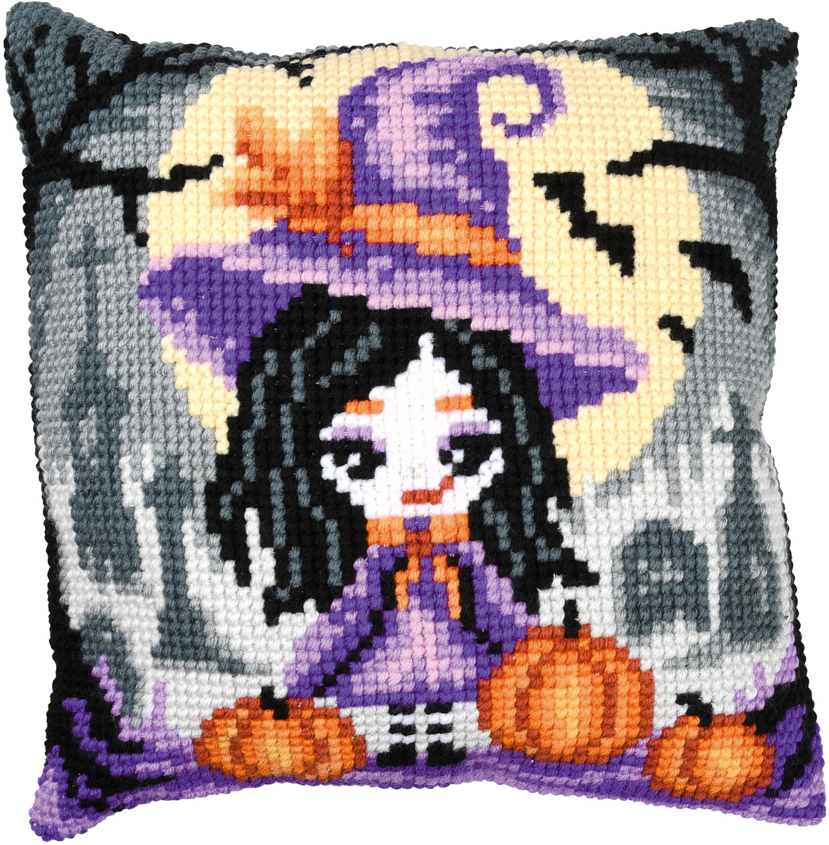 Square cushion cross stitched with a girl in a Halloween costume