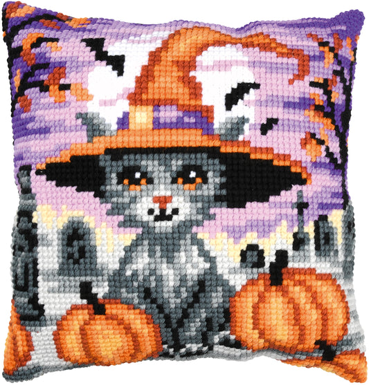 Square cushion cross stitched with a kitten in a Halloween scene