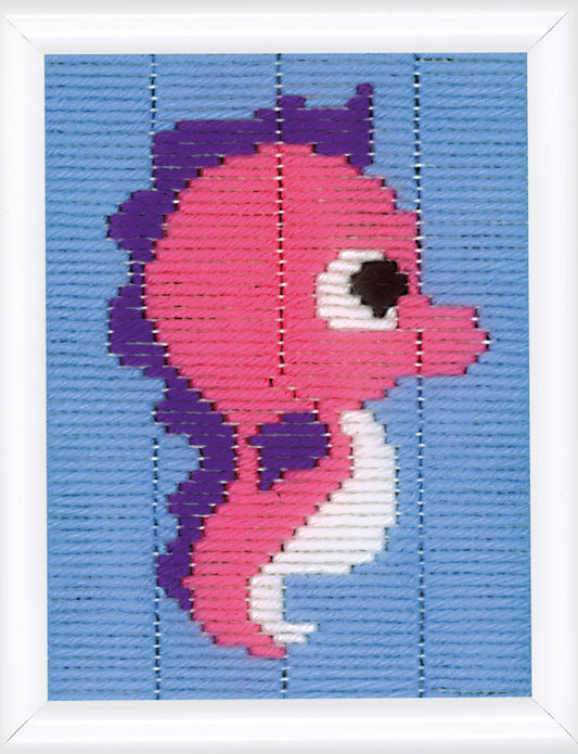 Small long stitch picture of a colourful seahorse
