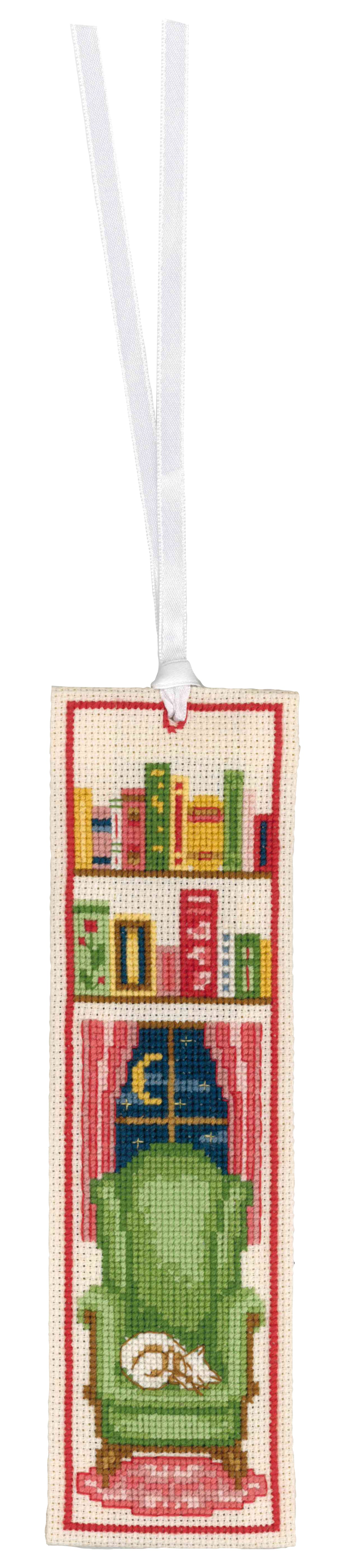 Two cross stitched bookmarks with cosy reading designs