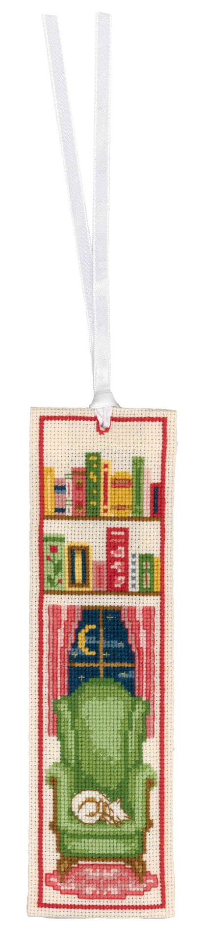 Two cross stitched bookmarks with cosy reading designs