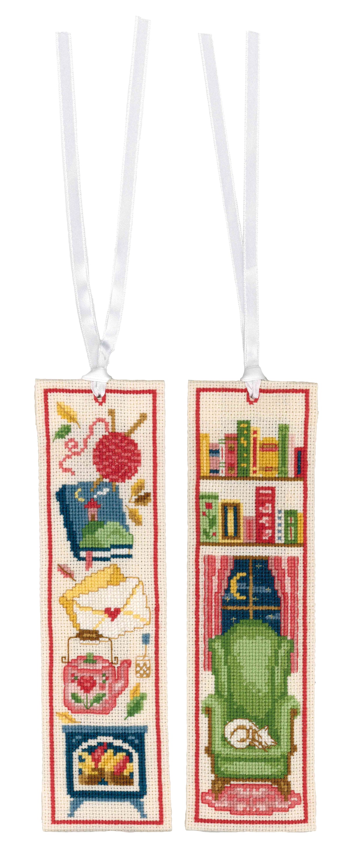 Two cross stitched bookmarks with cosy reading designs