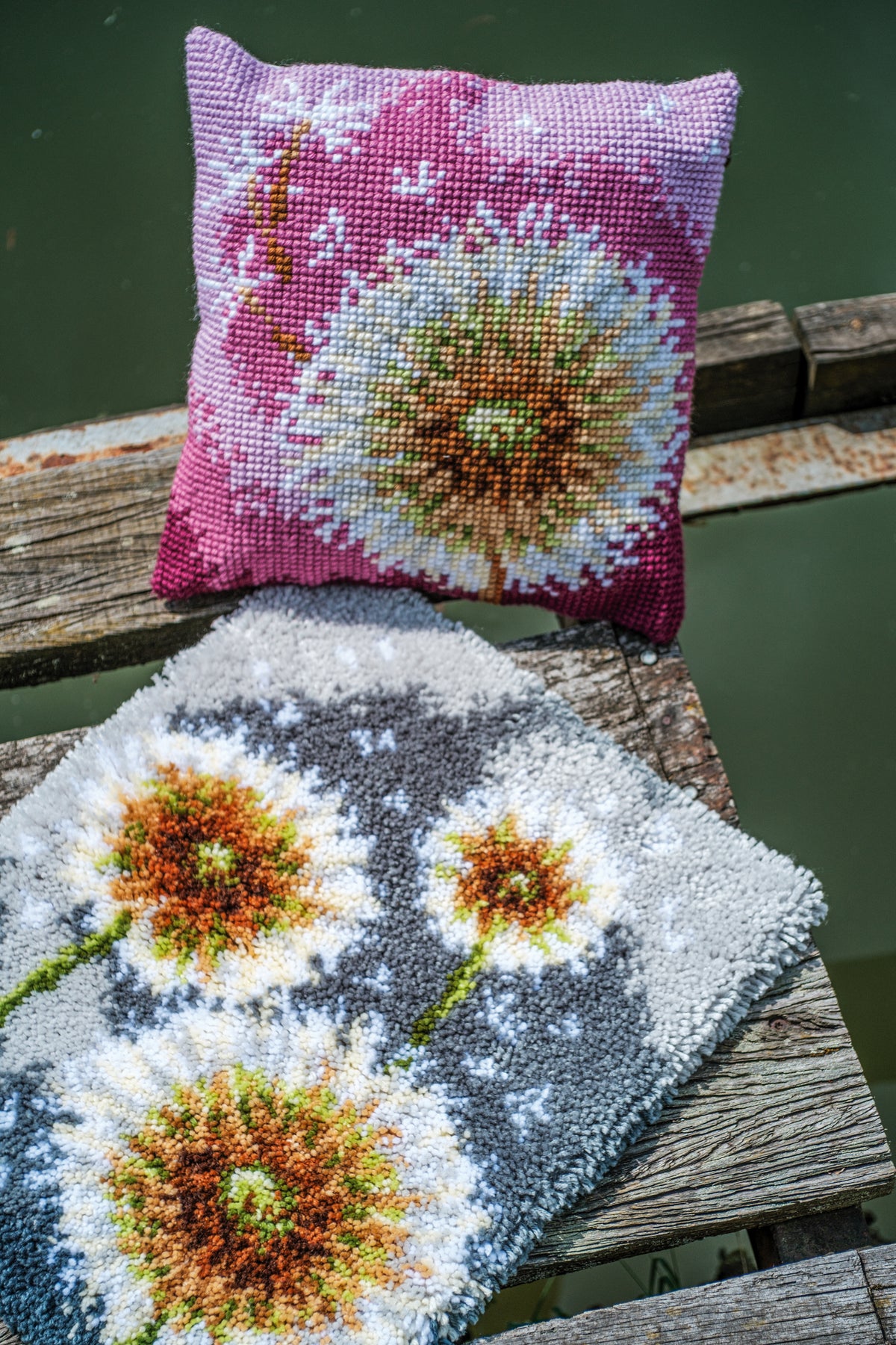 Fluffy latch hook rug with a flower design