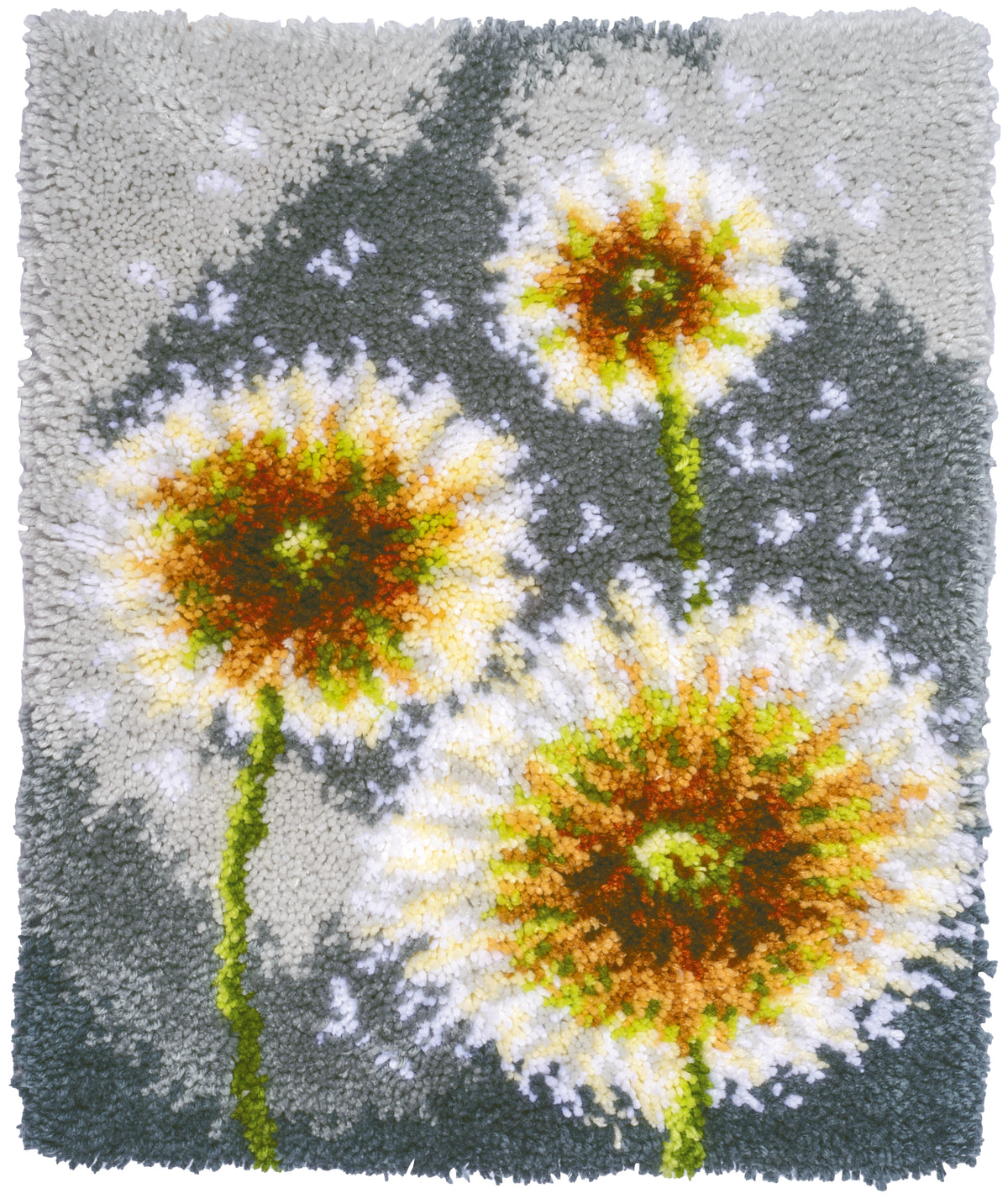 Fluffy latch hook rug with a flower design
