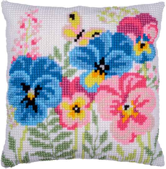 Square cushion cross stitched with purple violets