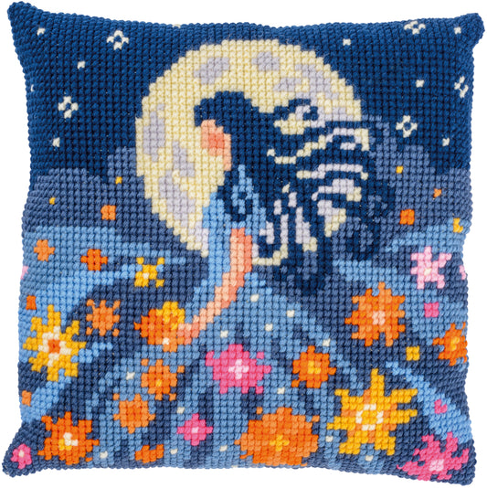 Square cushion cross stitched with a girl and the moon