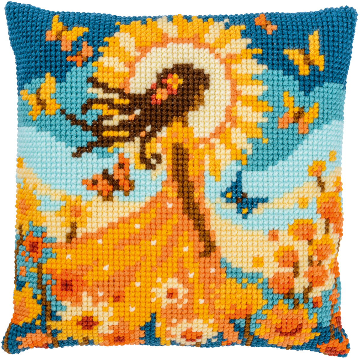 Square cushion cross stitched with a girl and the sun