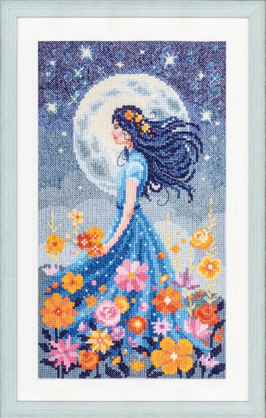 Cross stitch picture of a girl with the moon