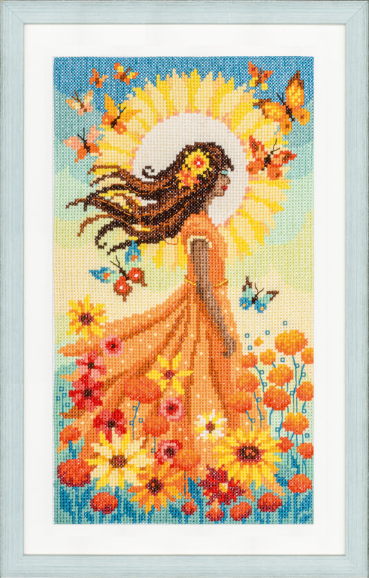 Cross stitch picture of a girl with the sun