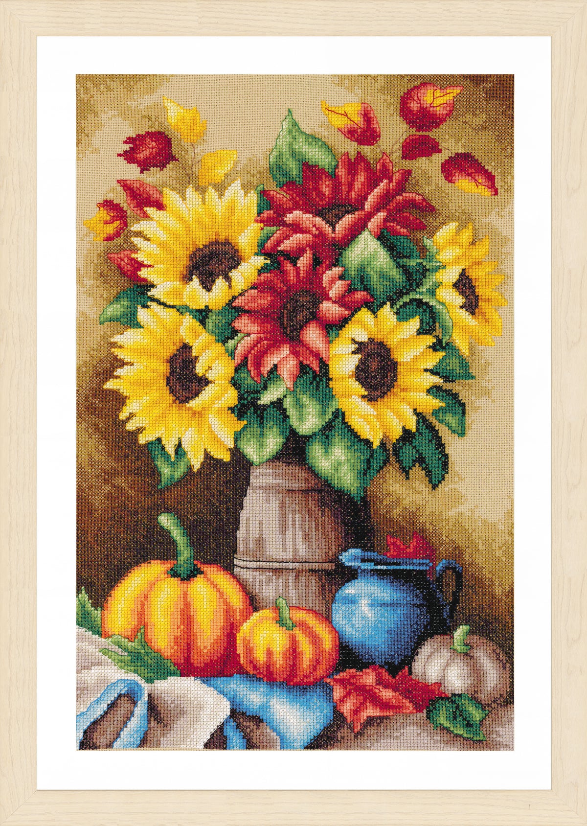 Cross stitch still life of autumn fruit and flowers