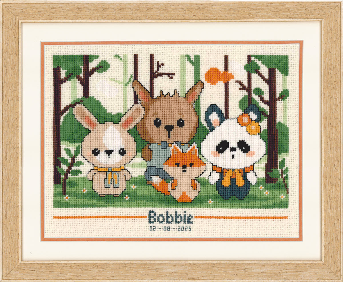 Cross stitch birth record with a panda and animal friends