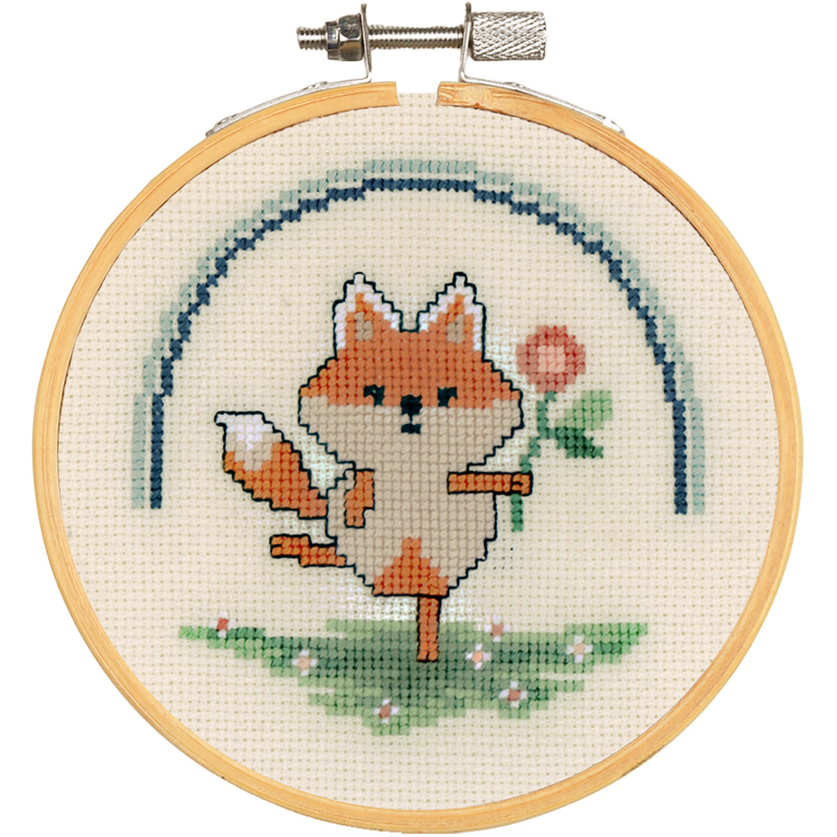 Small cross stitch of a girl holding a flower, shown in a hoop