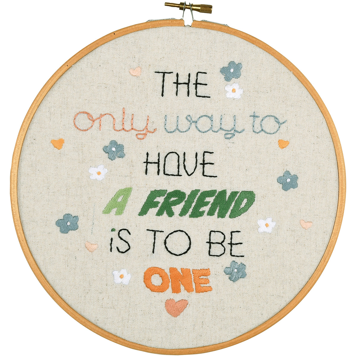 Embroidered quote design in a round bamboo hoop