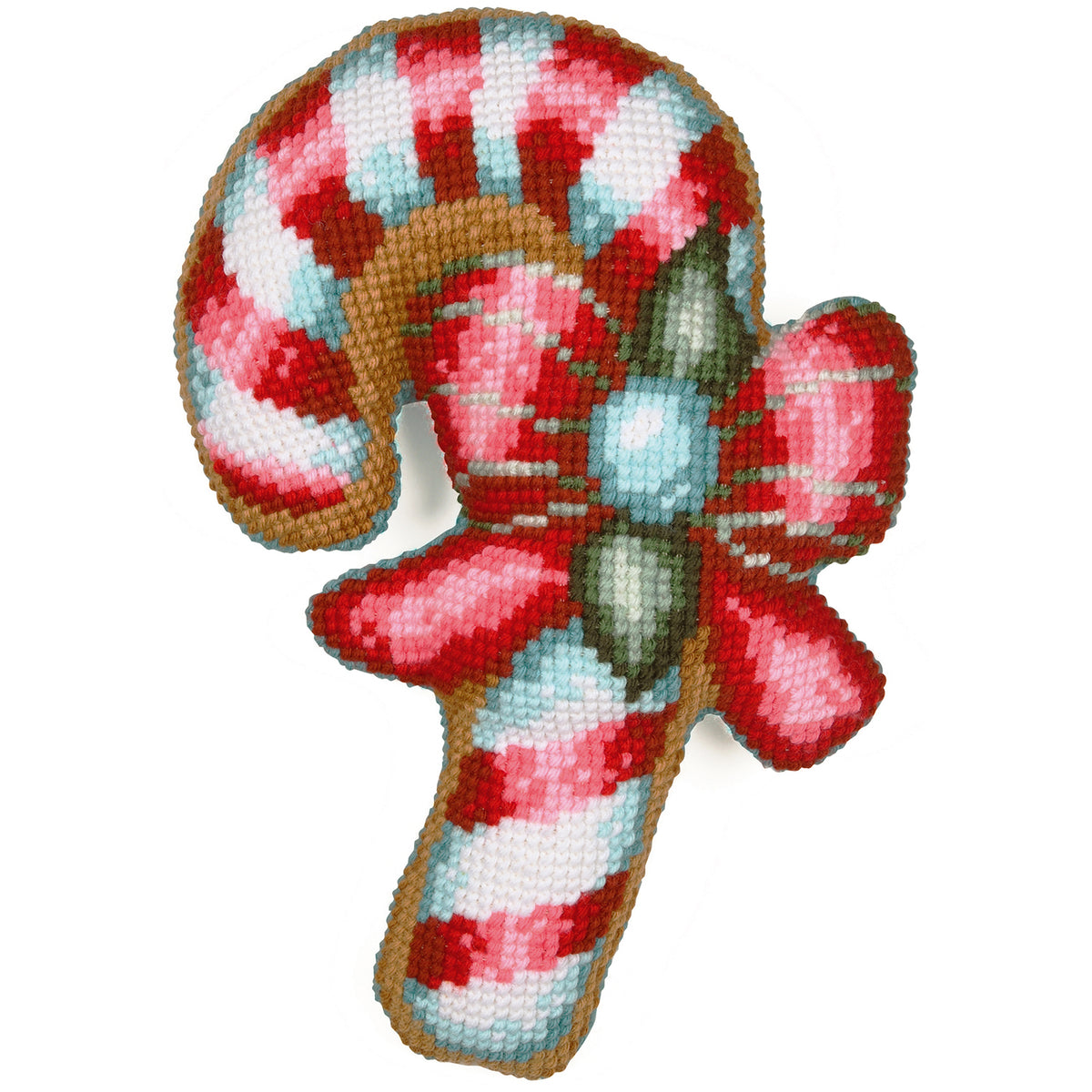 Shaped candy cane cross stitch cushion in red, white and green