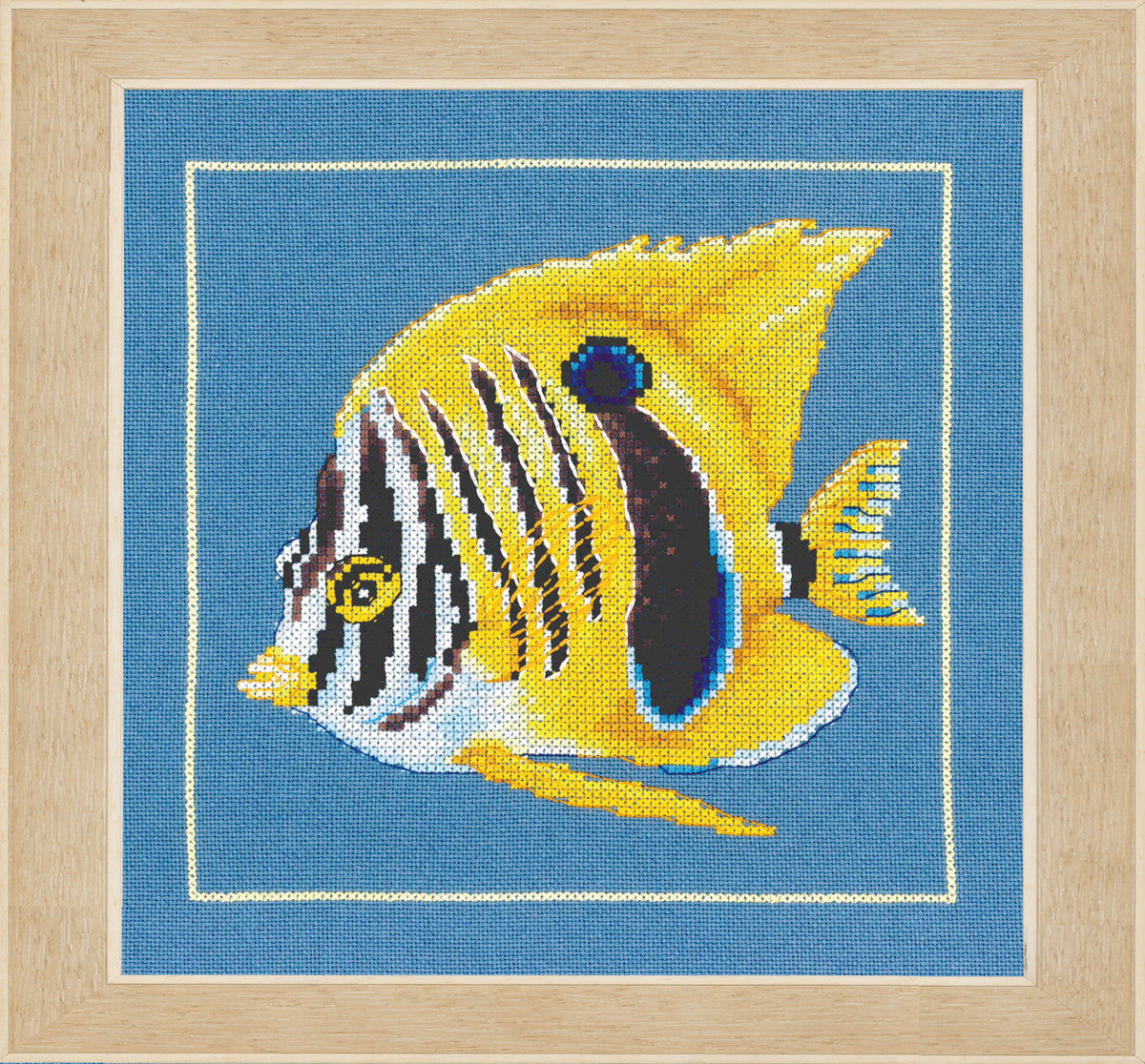 Cross stitch design of a yellow zebra fish