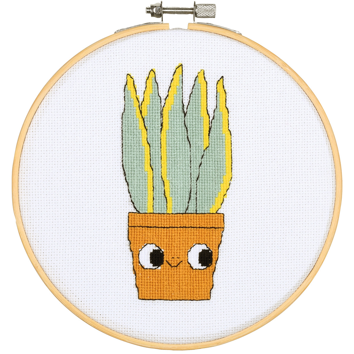Eva Mouton sansevieria cross stitch design in an embroidery hoop