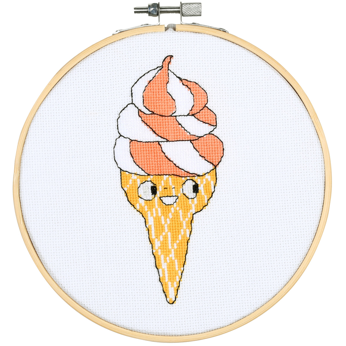 Eva Mouton soft ice cross stitch design in an embroidery hoop