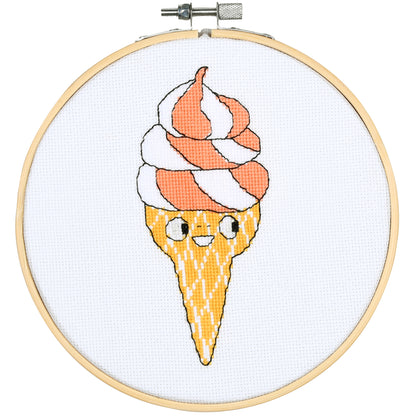 Eva Mouton soft ice cross stitch design in an embroidery hoop