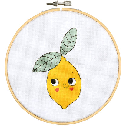 Eva Mouton lemon cross stitch design in an embroidery hoop