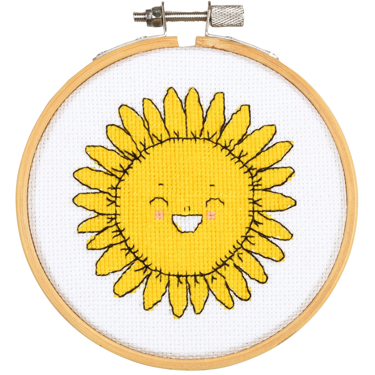 Eva Mouton sunflower cross stitch design in an embroidery hoop
