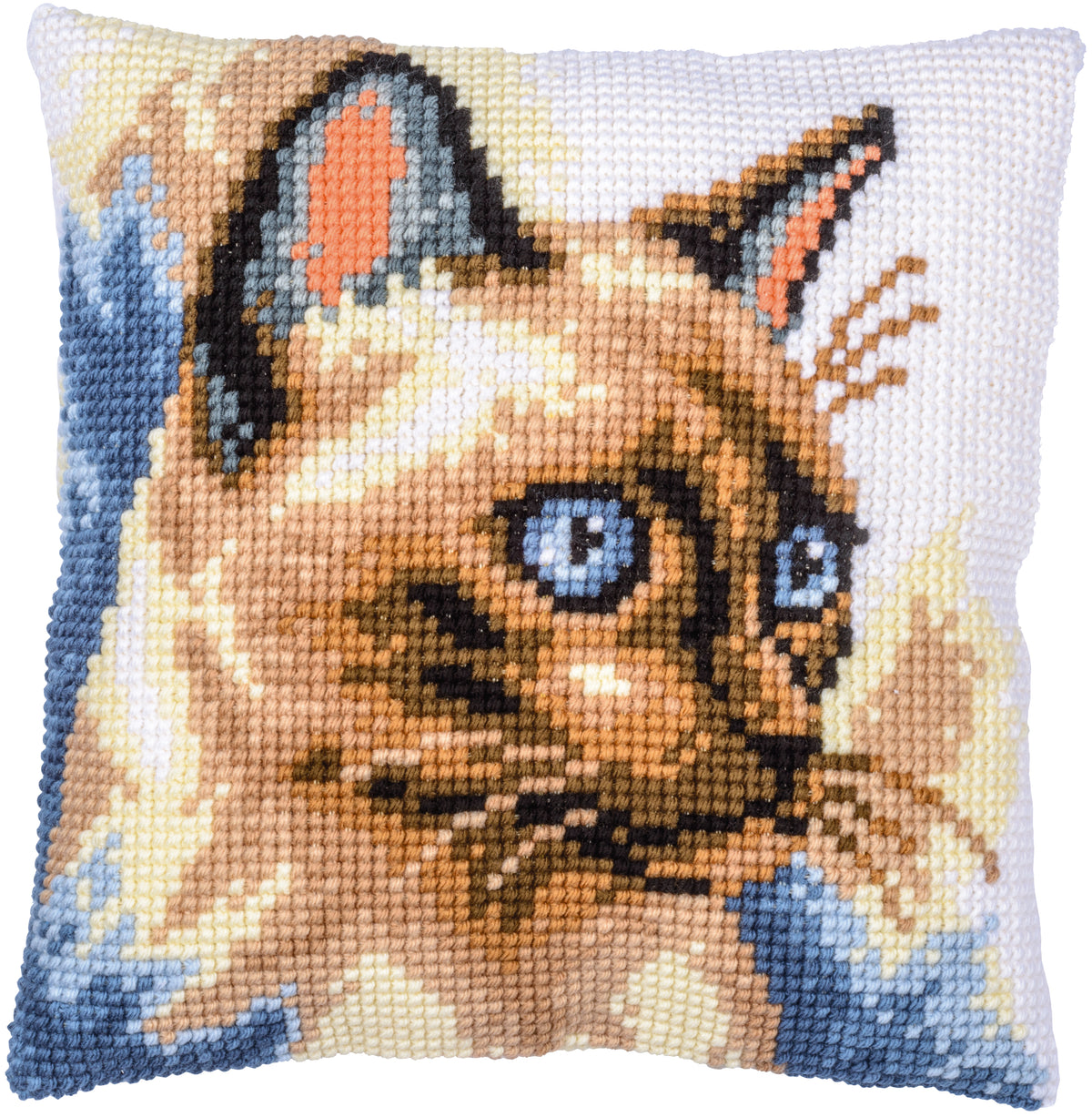 Square cross stitch cushion with siamese cat design