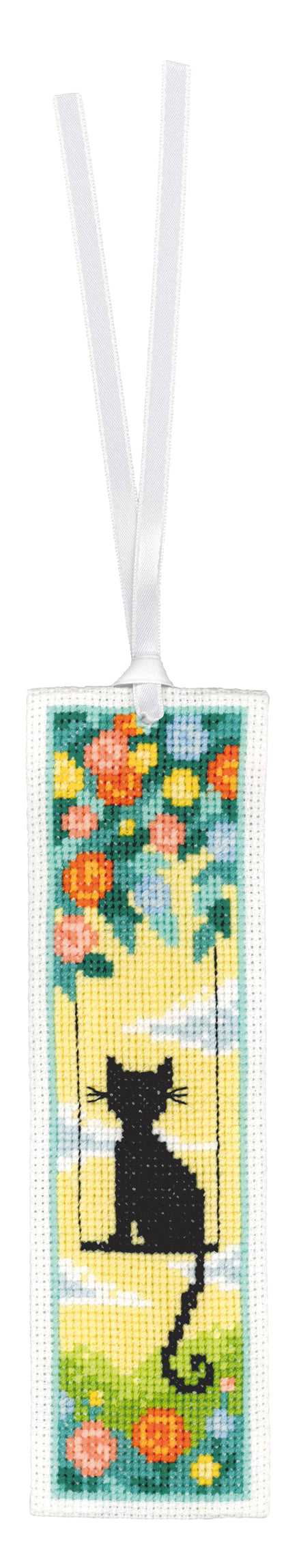 Two cross stitched bookmarks with cats in a garden