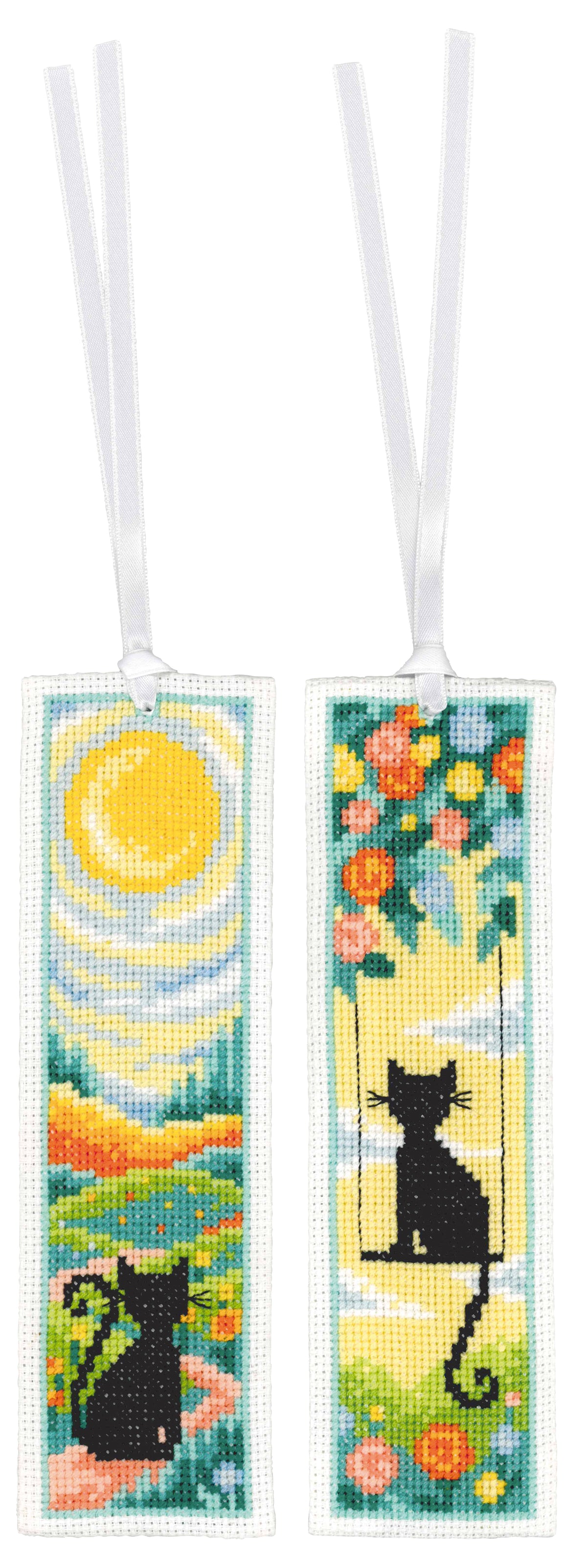 Two cross stitched bookmarks with cats in a garden