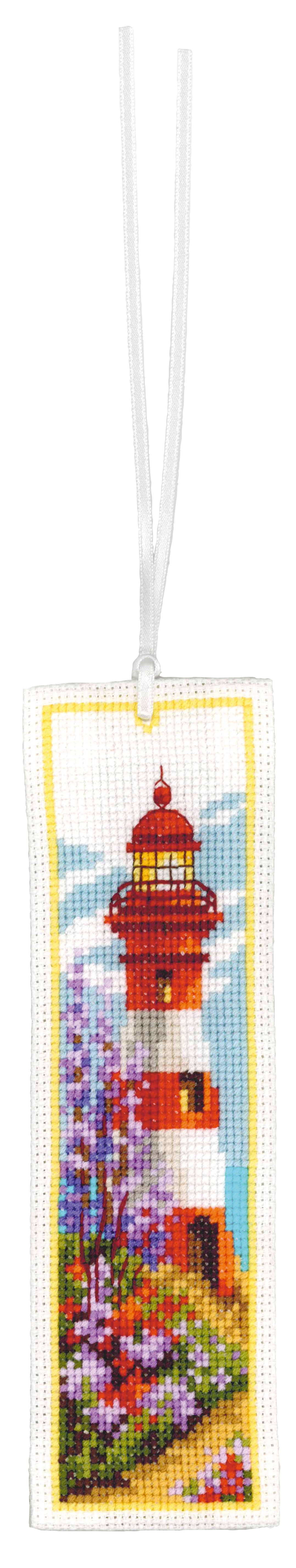 Two cross stitched bookmarks with lighthouse designs