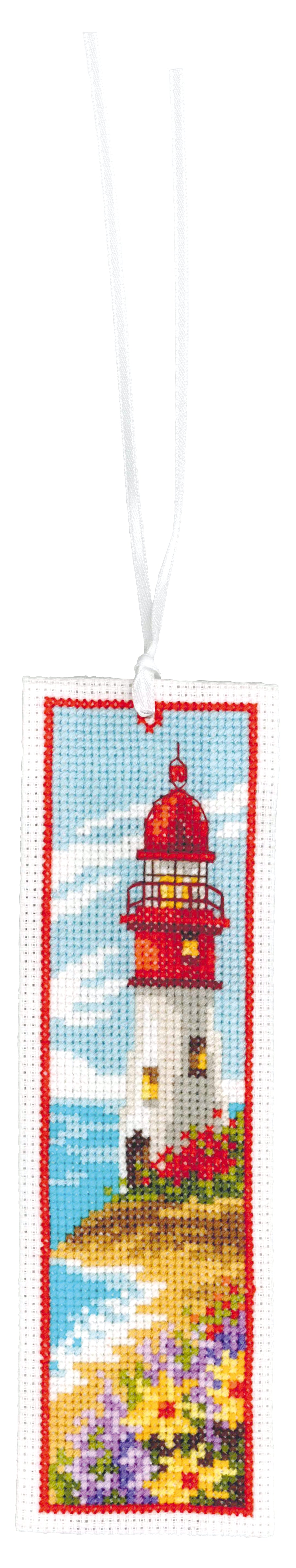 Two cross stitched bookmarks with lighthouse designs