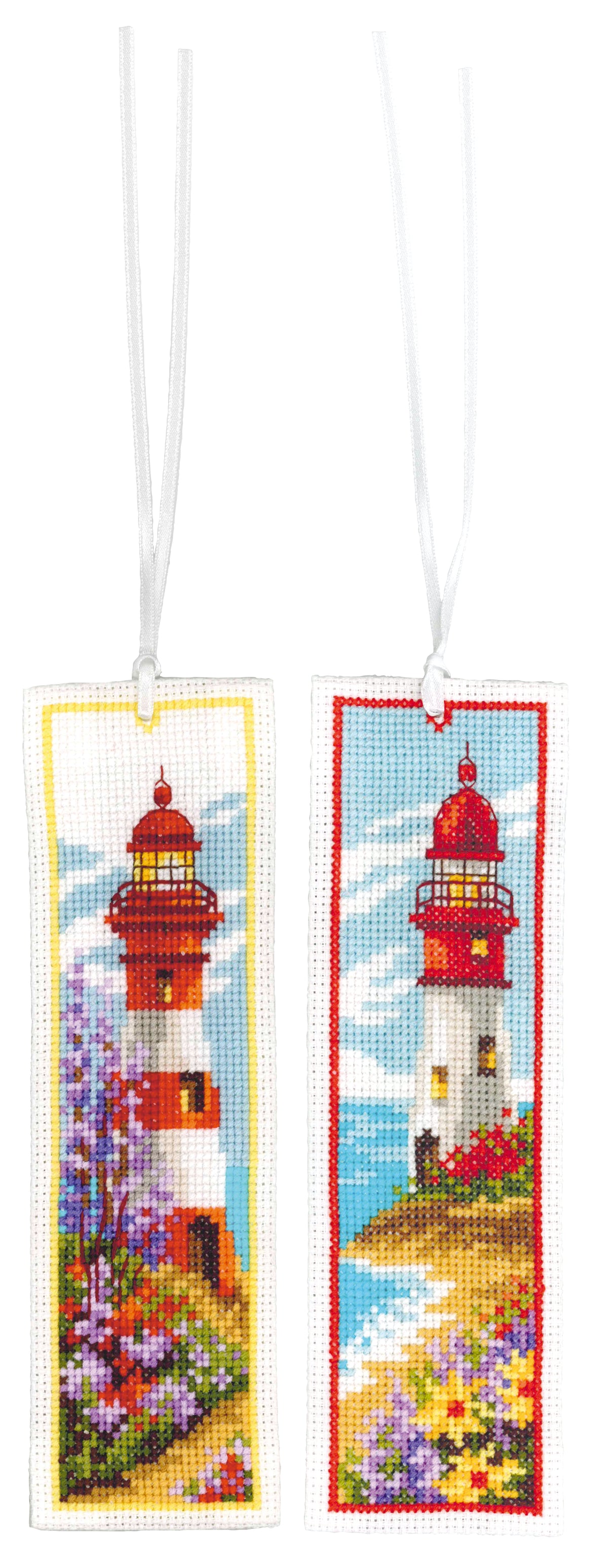 Two cross stitched bookmarks with lighthouse designs
