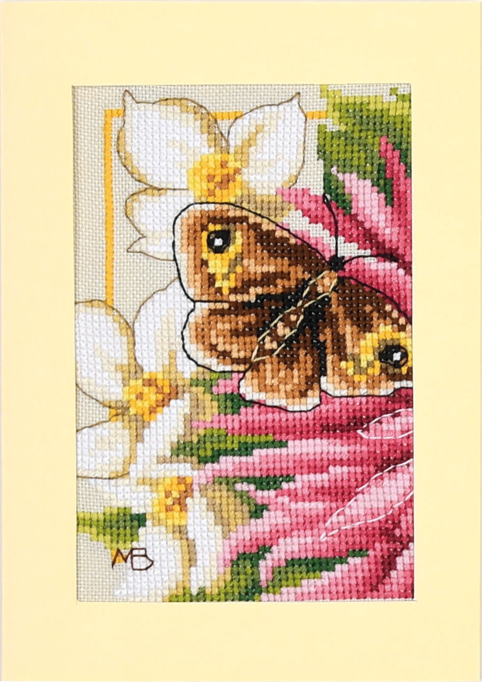 Three cross stitched greetings cards with pink dahlia flowers