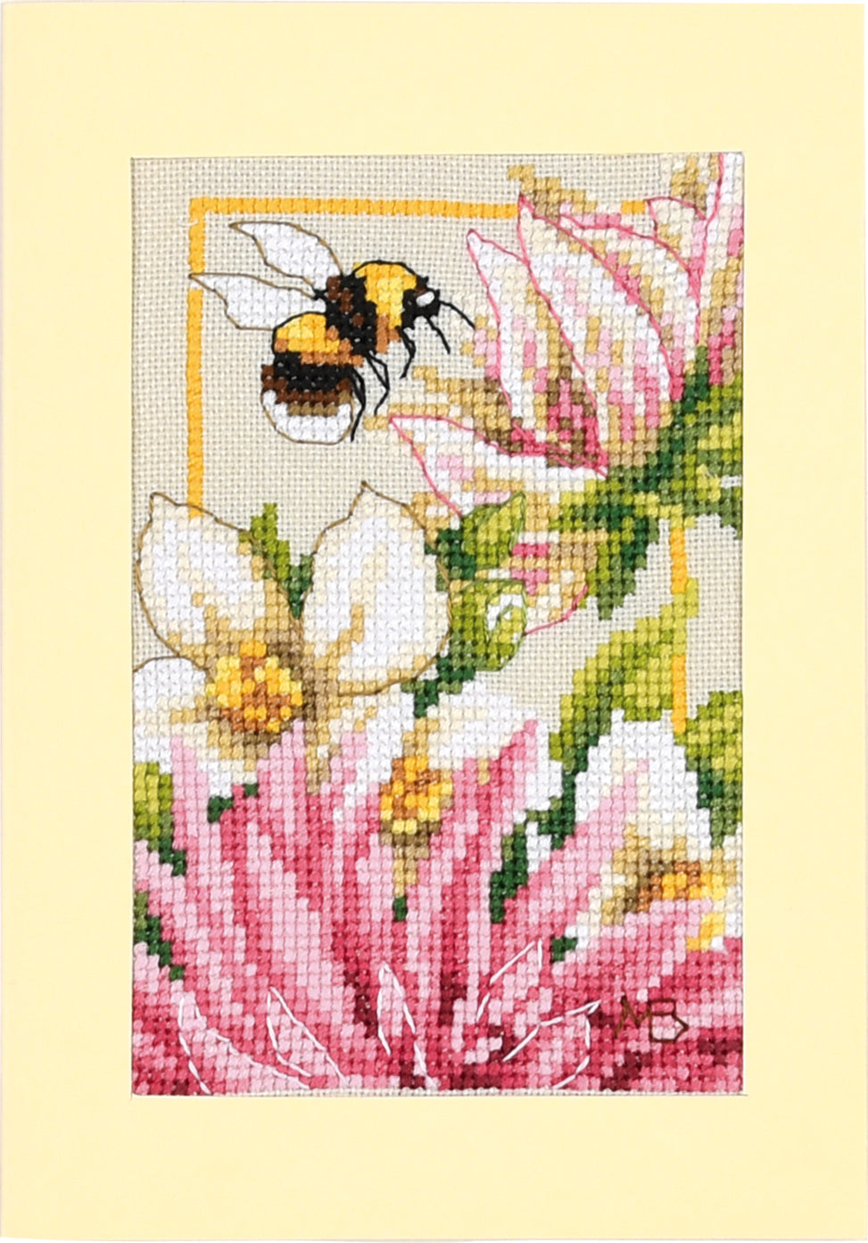 Three cross stitched greetings cards with pink dahlia flowers