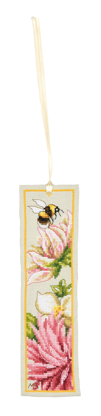 Two cross stitched bookmarks with pink dahlia flowers