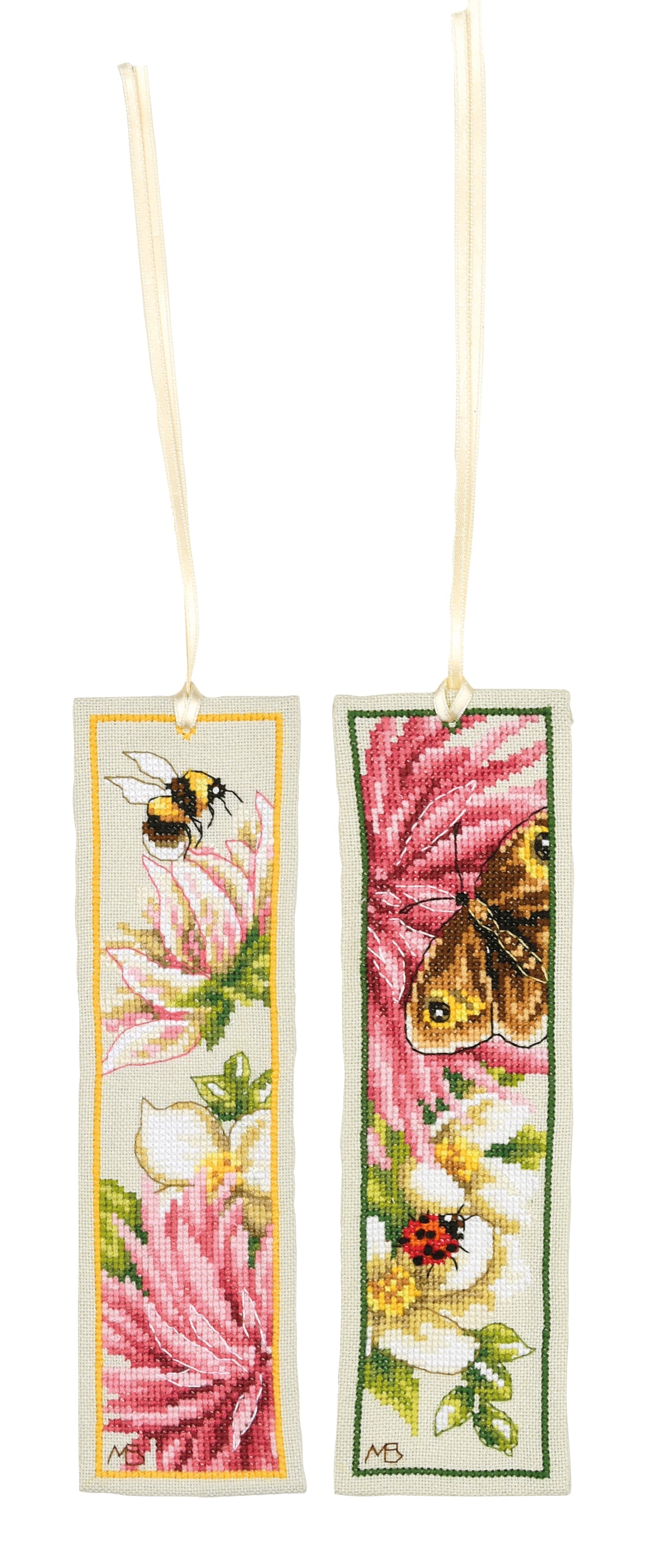 Two cross stitched bookmarks with pink dahlia flowers