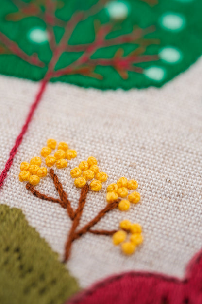 Vervaco Autumn Forest embroidery kit in a wooden hoop