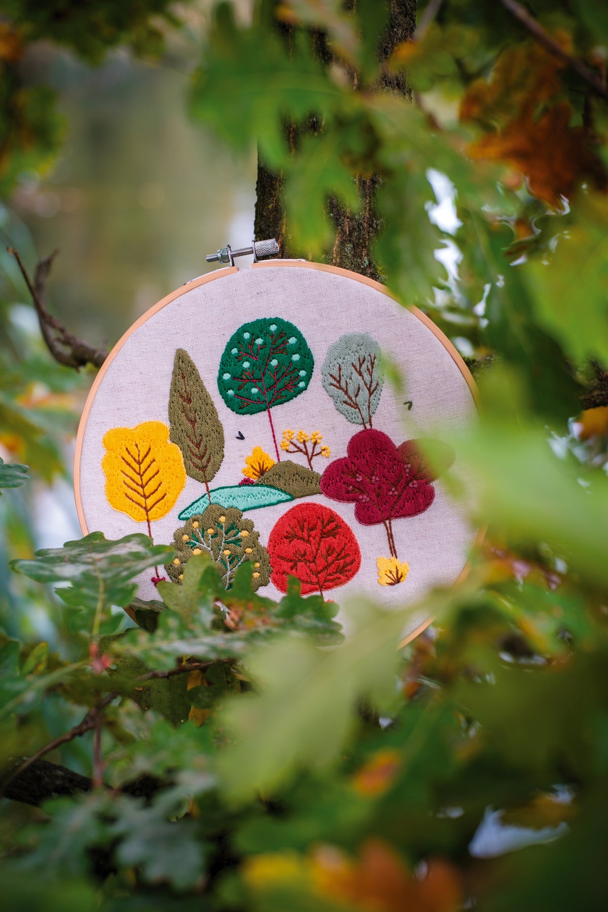Vervaco Autumn Forest embroidery kit in a wooden hoop