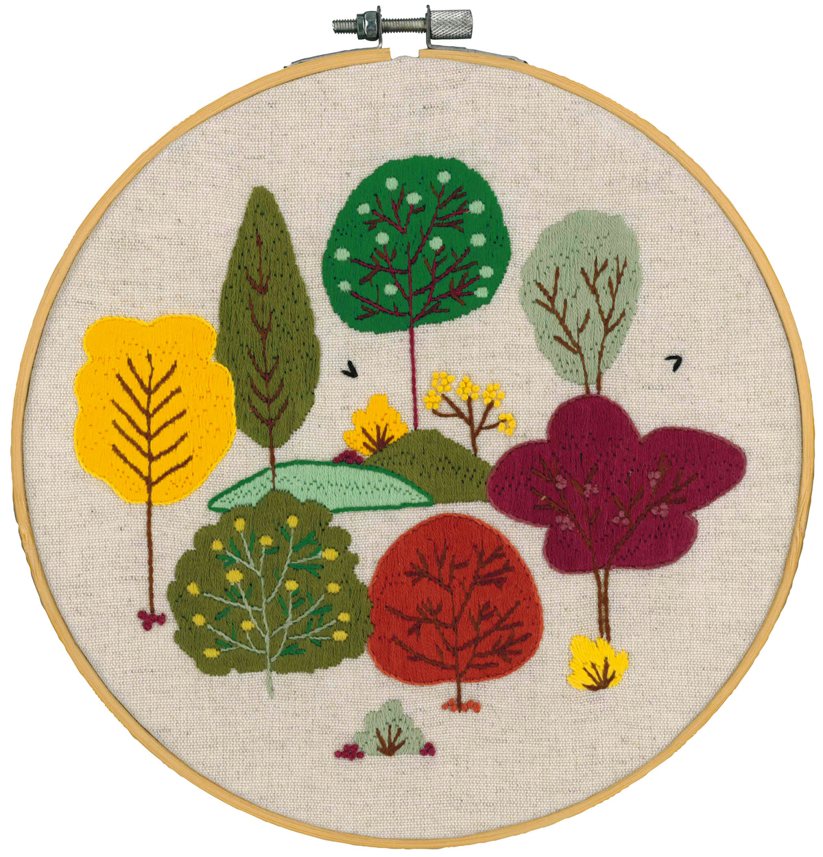 Vervaco Autumn Forest embroidery kit in a wooden hoop