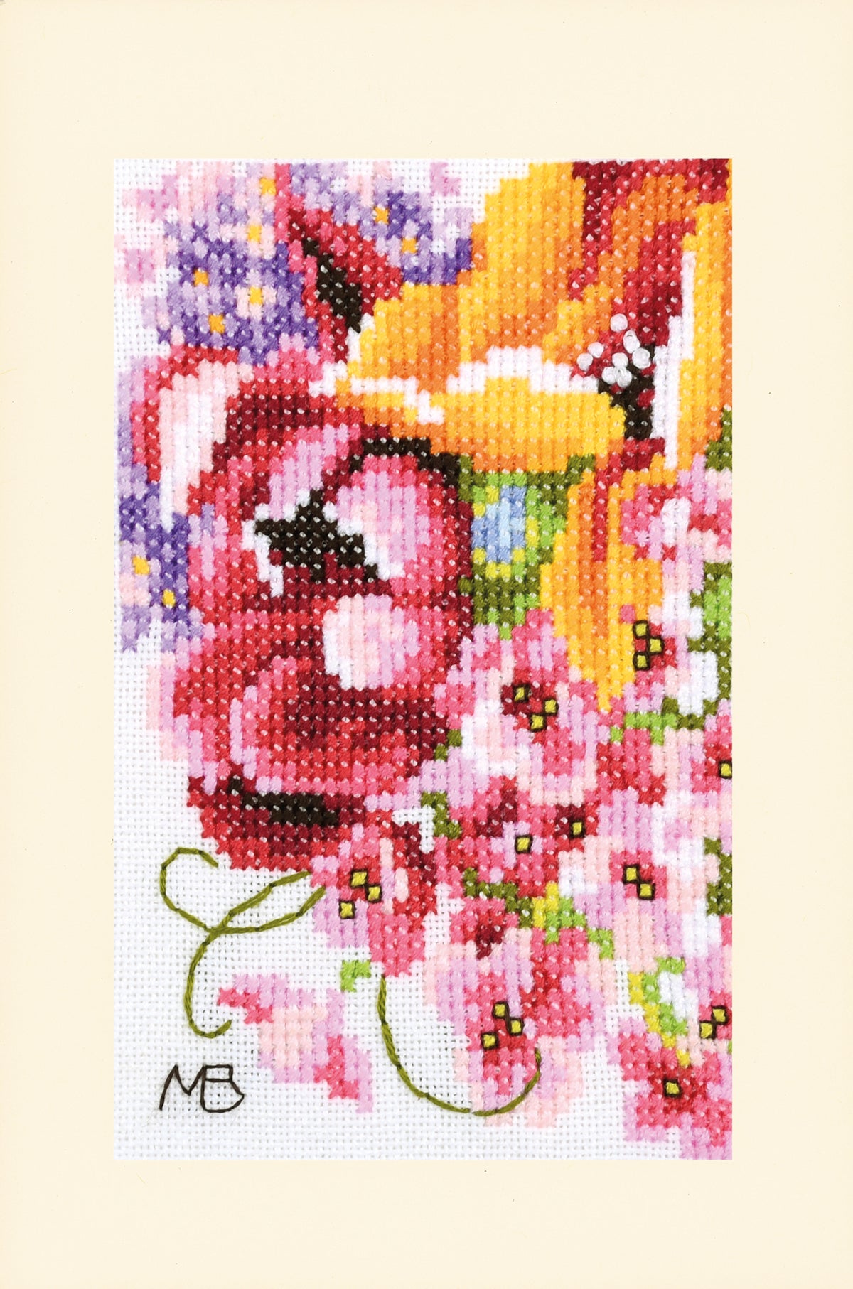 Three Lanarte floral bouquet cross stitch greetings cards