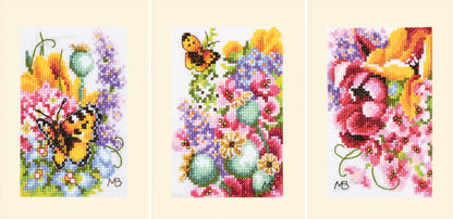 Three Lanarte floral bouquet cross stitch greetings cards