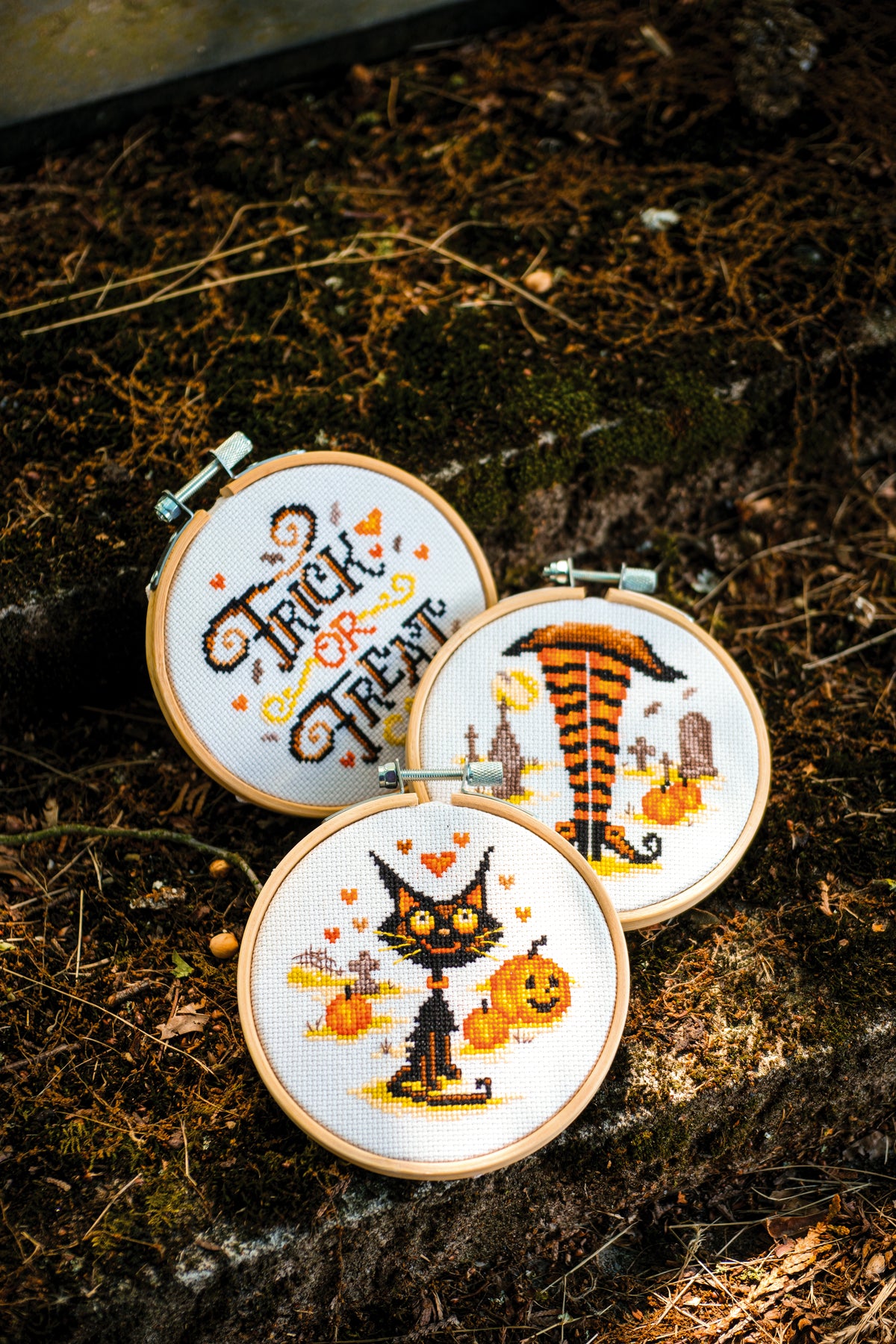 Three Vervaco miniature Halloween cross stitch designs