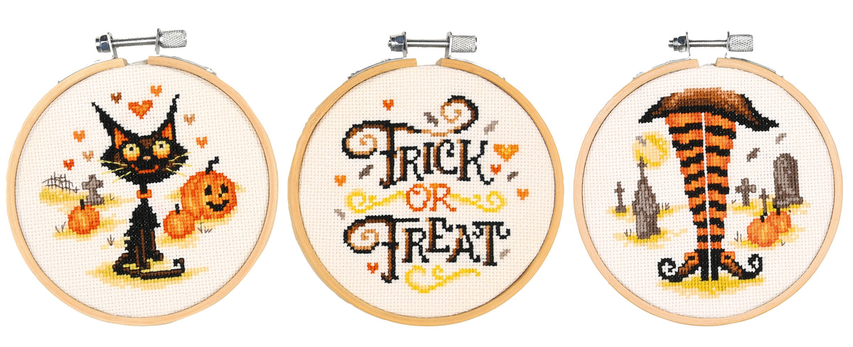 Three Vervaco miniature Halloween cross stitch designs